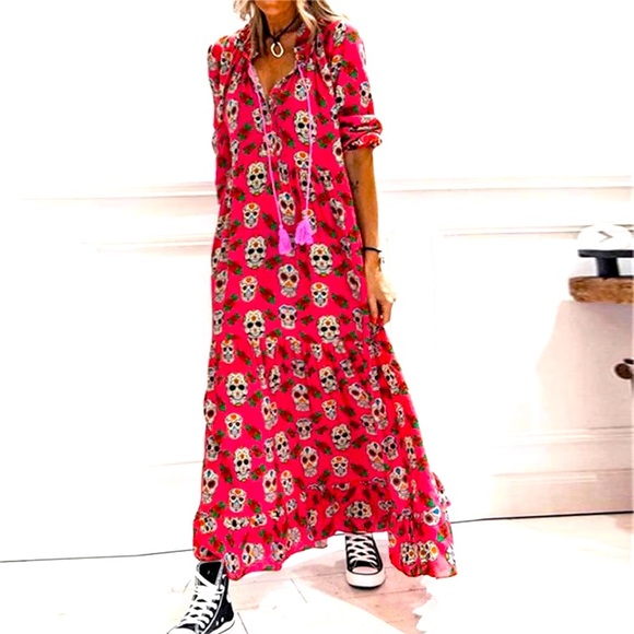 💫HP‼️💫 NWOT Sugar Skulls Tiered Ruffles Maxi Dress in Strawberry Color, Sz Small - Picture 1 of 15